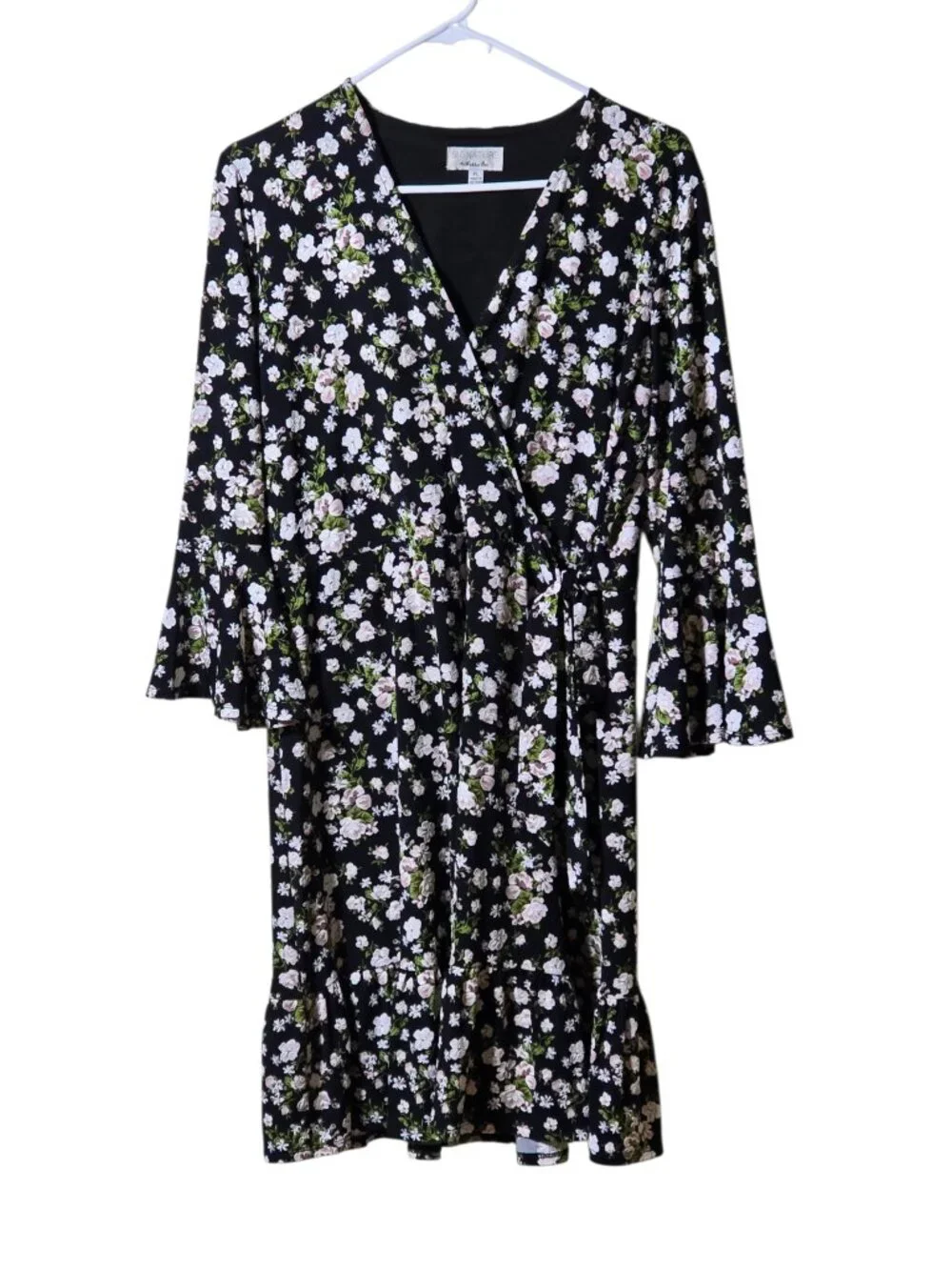 Signature by Robbie Bee PL Black Floral Faux Wrap Dress Petite Large Ruffle Hem